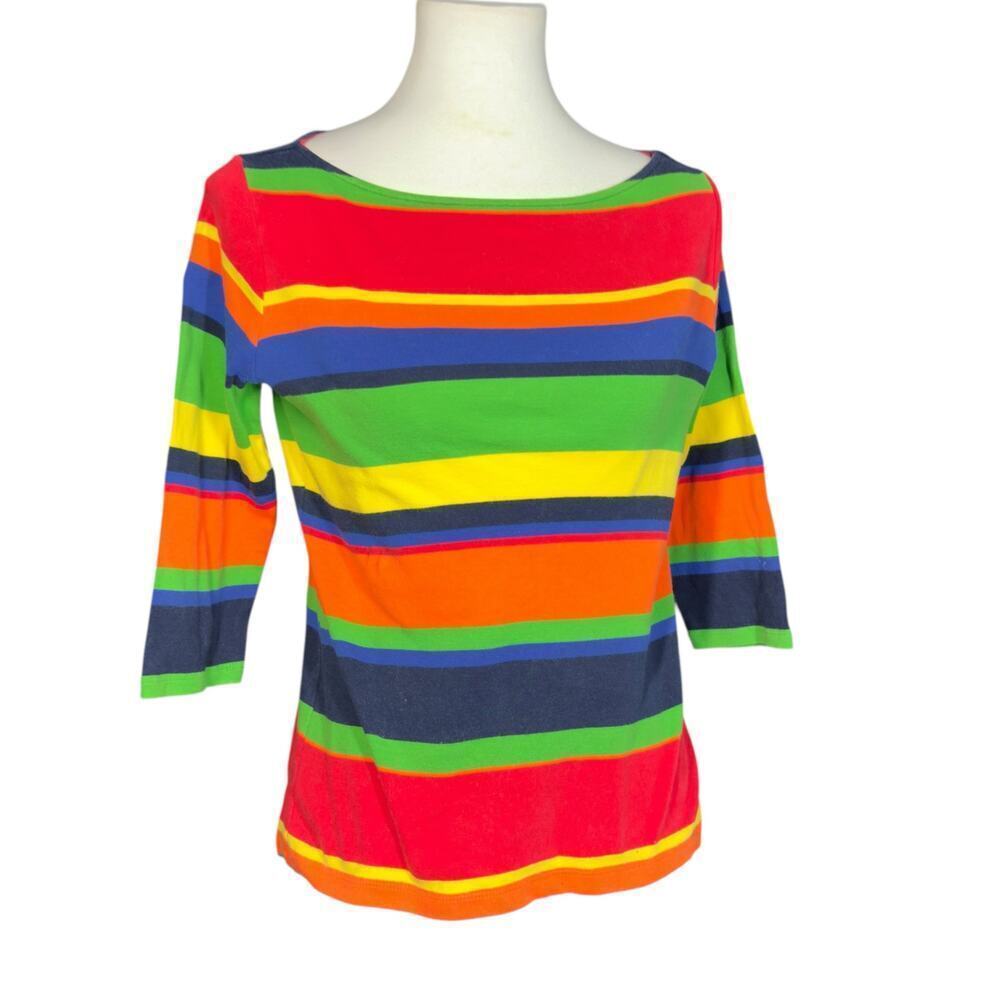 Ralph Lauren Vintage Rainbow Striped 3/4 sleeve boat neck cotton top large p